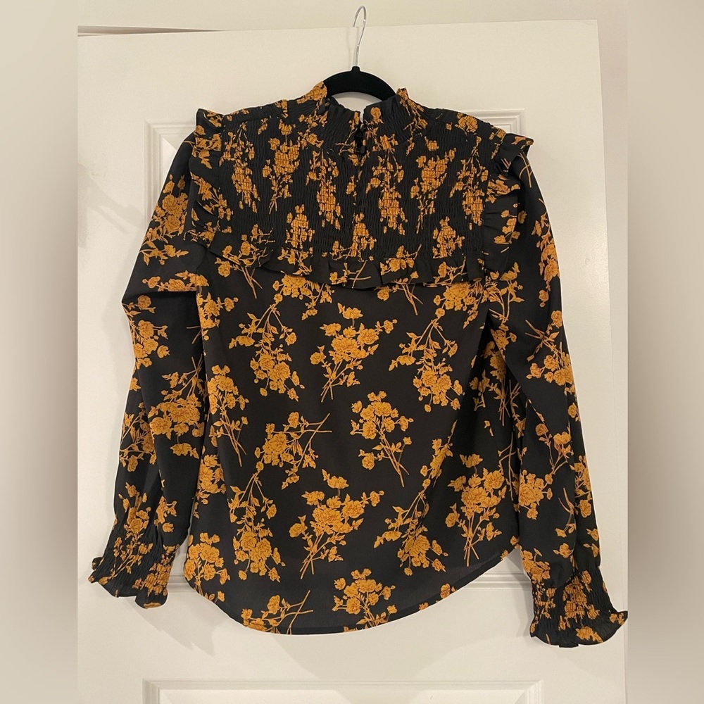 THML Floral Black and Mustard Smocked Mock Neck Women's Blouse, Medium - Picture 4 of 7